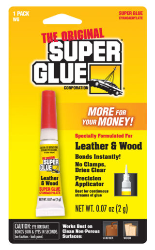 Leather and Wood Super Glue On Packaging | The Original Super Glue Corporation